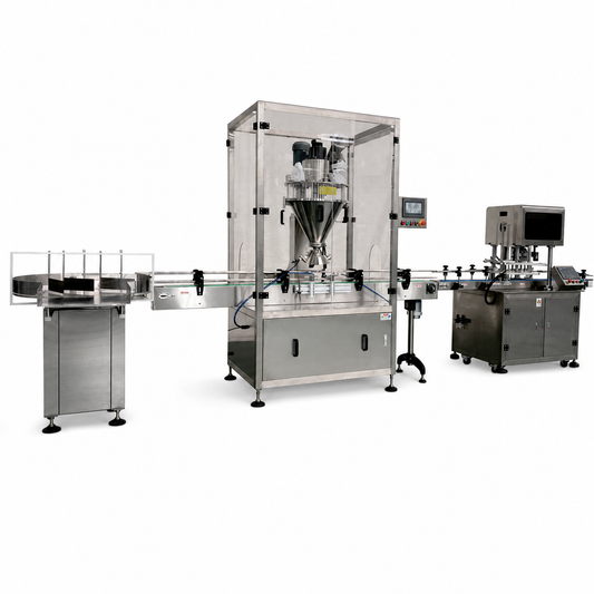 Linea automatica con riordino contenitori, dosatrice a coclea e tappatrice