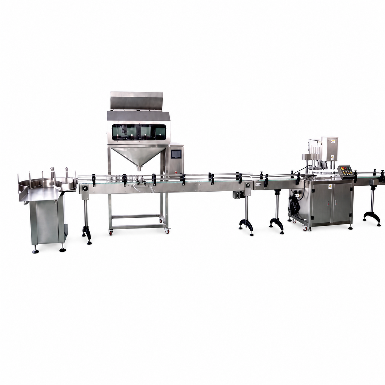Linea automatica gravimetrica per il riempimento e la tappatura di granuli