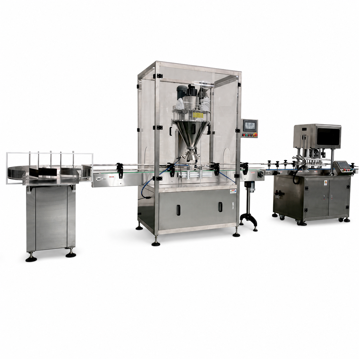 Linea automatica con riordino contenitori, dosatrice a coclea e tappatrice